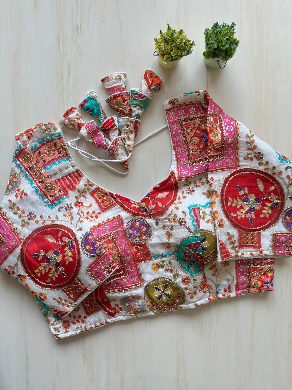 Exclusive Wedding Blouse | Heavy Chinon Print Pure Crepe Designer Readymade Blouse with Fancy Back Jhumka | Partywear & Bridal Blouse