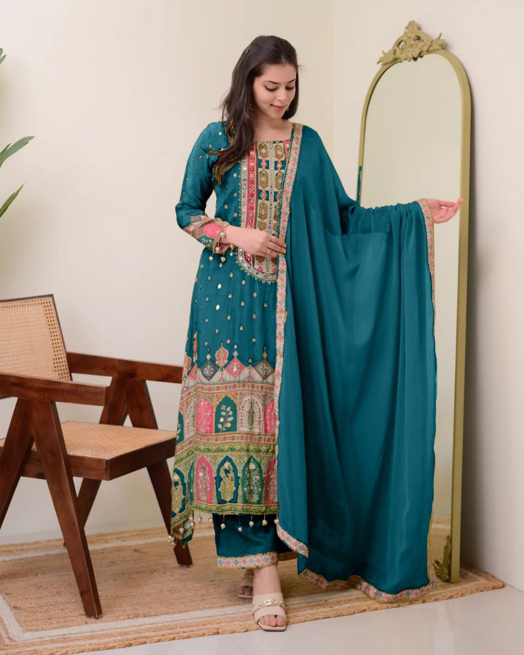 Designer Wear Jaipur Trending Kurti Set with Palazzo & Dupatta | Mirror Work Embroidered Plus Size Ethnic Outfit | Ready to Wear S–11XL