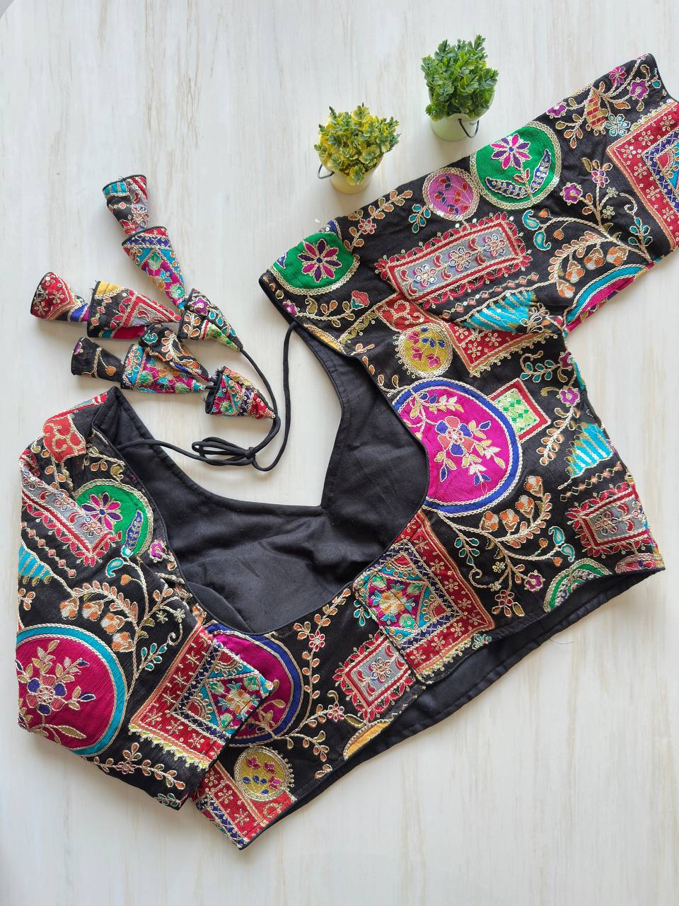Exclusive Wedding Blouse | Heavy Chinon Print Pure Crepe Designer Readymade Blouse with Fancy Back Jhumka | Partywear & Bridal Blouse
