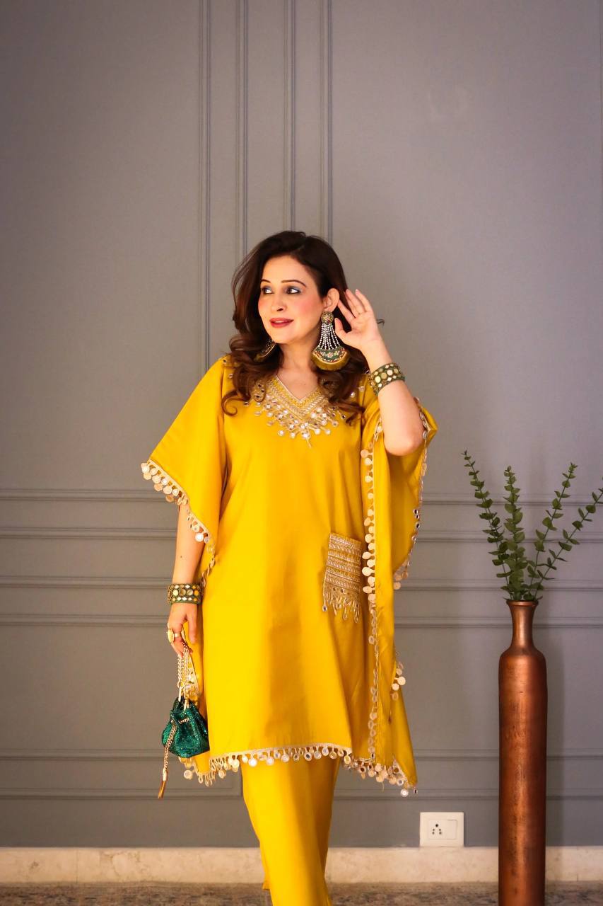 Luxury Kaftan & Pant Set Malaysia | Premium Devsena Satin Kaftan with Embroidered Lace & Real Mirror Work | Modest Fashion | Eid & Party Wear Dress