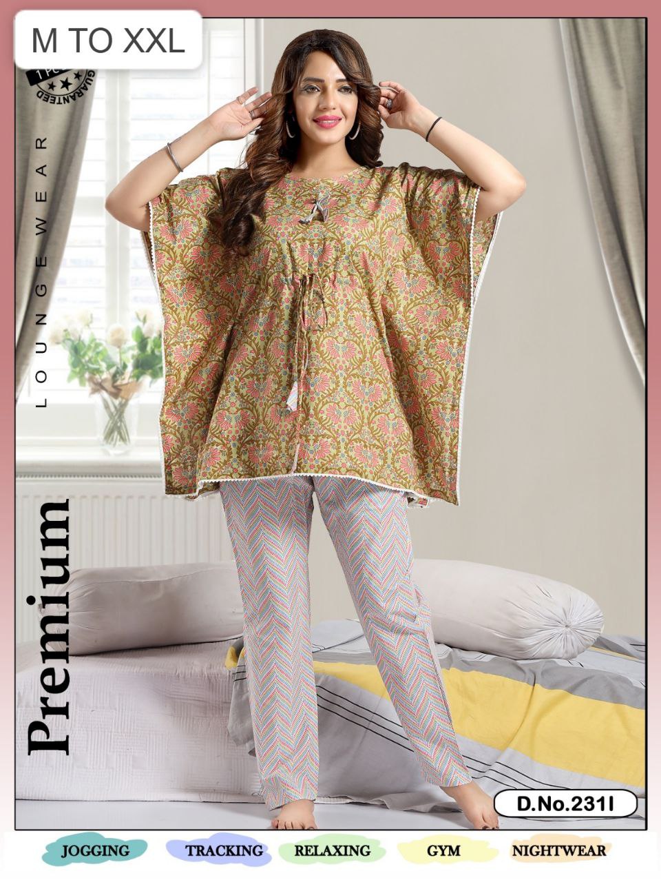 Premium Cotton Night Suit|  Piece Kaftan Top & Pajama Set | Comfortable Sleepwear for Women