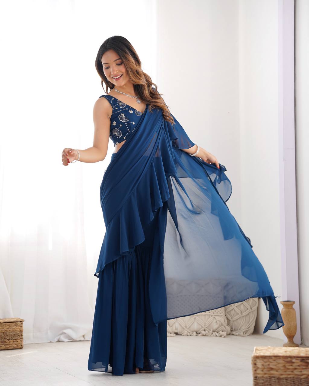 Luxury Ready to Wear Sharara Saree Malaysia | Premium Fox Georgette Wedding Saree with Stitched Blouse | Party Wear & Festive Collection