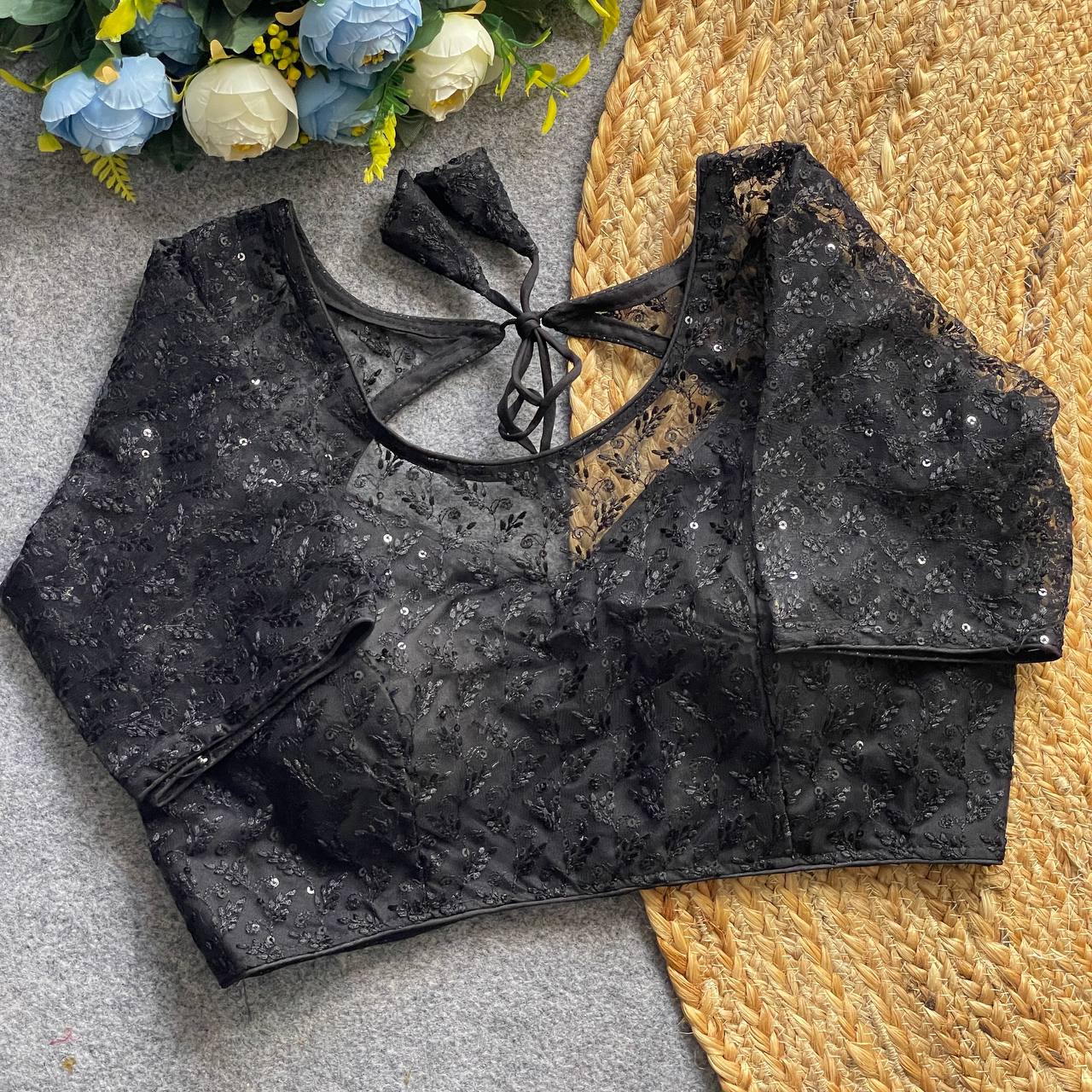 Soft Pure Nylon Readymade Blouse with Chiffli Embroidery & Sequin Work | Partywear Saree Blouse  | Ready to Wear Blouse Online