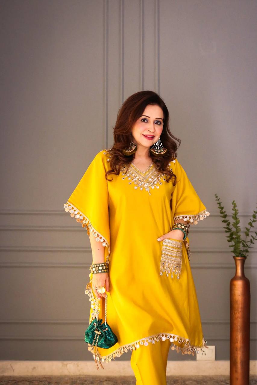 Luxury Kaftan & Pant Set Malaysia | Premium Devsena Satin Kaftan with Embroidered Lace & Real Mirror Work | Modest Fashion | Eid & Party Wear Dress