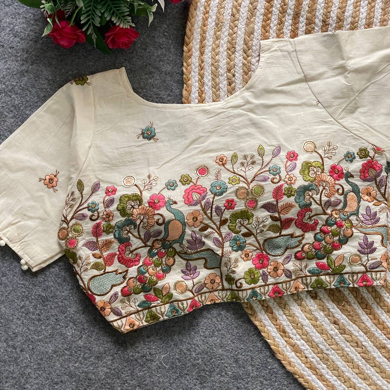 Pure Khadi Cotton Blouse Malaysia | Partywear Heavy Padded Embroidered Blouse | Designer Khadi Cotton Readymade Blouse Online