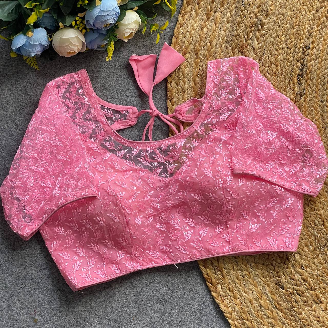 Soft Pure Nylon Readymade Blouse with Chiffli Embroidery & Sequin Work | Partywear Saree Blouse  | Ready to Wear Blouse Online