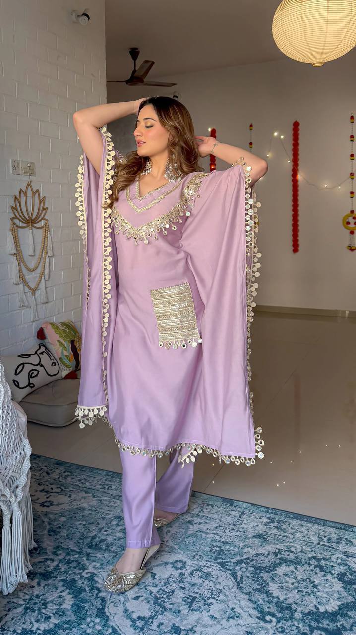 Luxury Kaftan & Pant Set Malaysia | Premium Devsena Satin Kaftan with Embroidered Lace & Real Mirror Work | Modest Fashion | Eid & Party Wear Dress