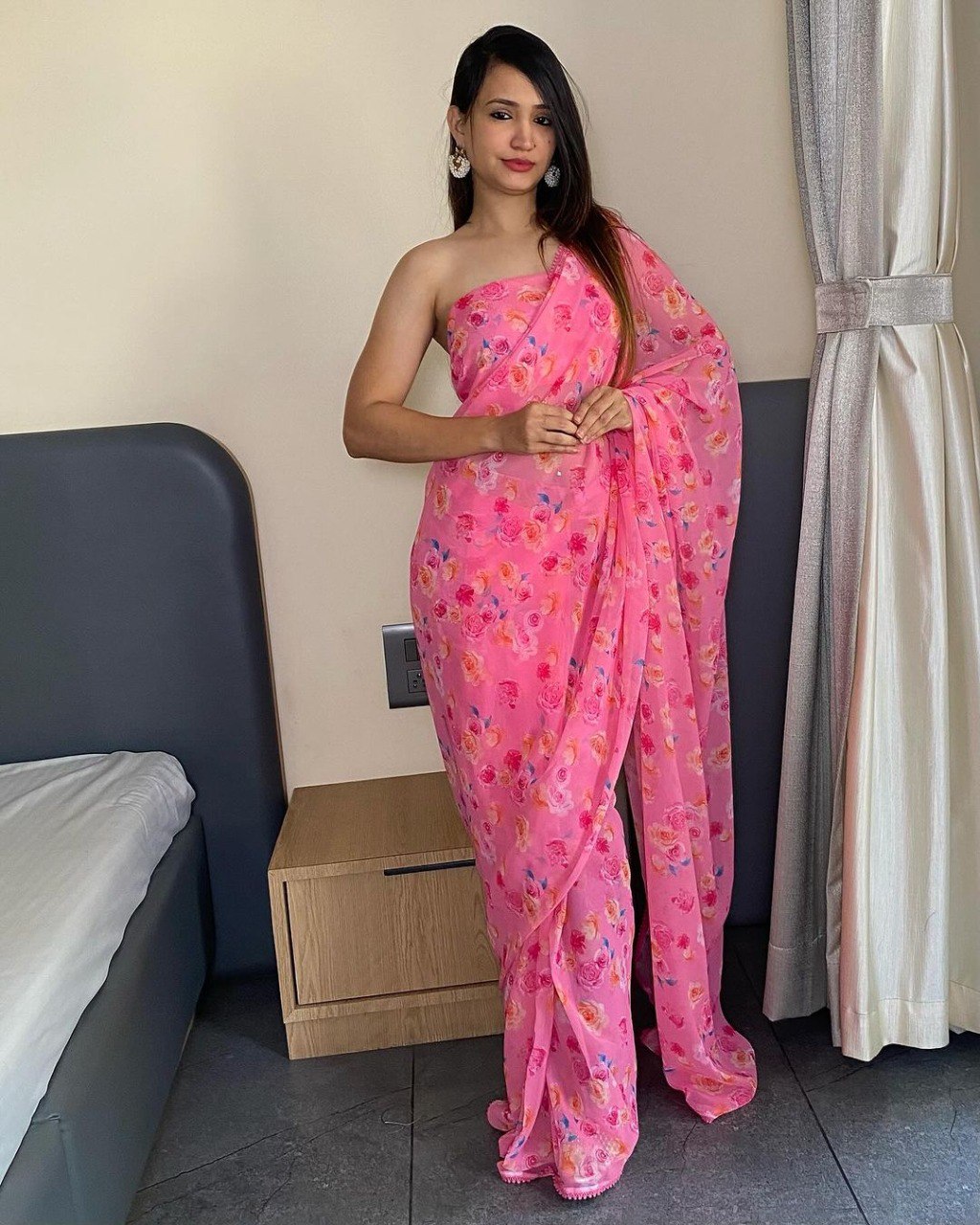 Ready To Wear Pink Georgette Saree with Printed Work & Blouse Piece | Stitched Saree | Party Wear Saree Online Shopping