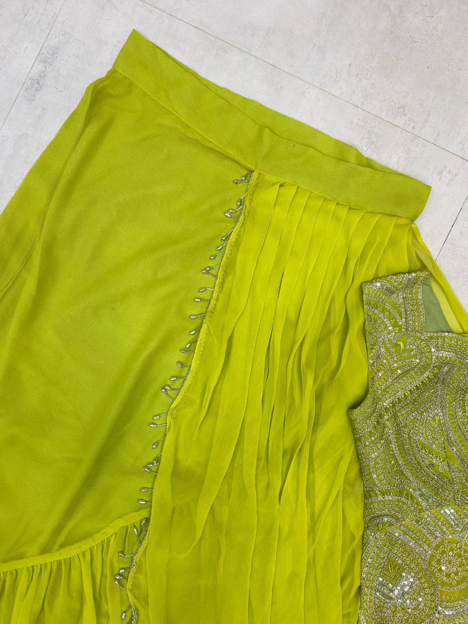 New Designer Ready to Wear Lehenga Saree Malaysia | Georgette Sleeveless Blouse with Back Dori & Sequins Embroidery Work | Party Wear & Wedding Collection