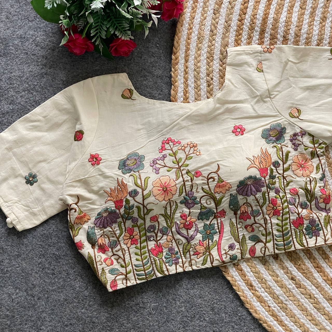 Pure Khadi Cotton Blouse Malaysia | Partywear Heavy Padded Embroidered Blouse | Designer Khadi Cotton Readymade Blouse Online