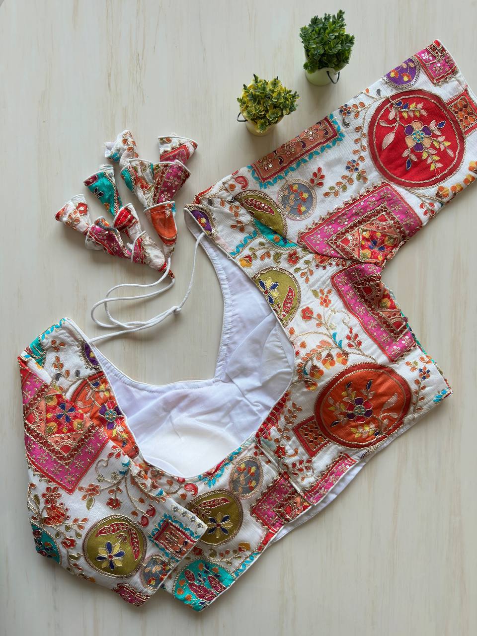 Exclusive Wedding Blouse | Heavy Chinon Print Pure Crepe Designer Readymade Blouse with Fancy Back Jhumka | Partywear & Bridal Blouse