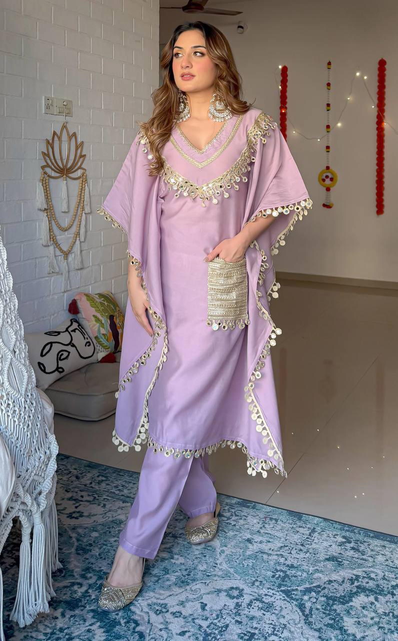 Luxury Kaftan & Pant Set Malaysia | Premium Devsena Satin Kaftan with Embroidered Lace & Real Mirror Work | Modest Fashion | Eid & Party Wear Dress