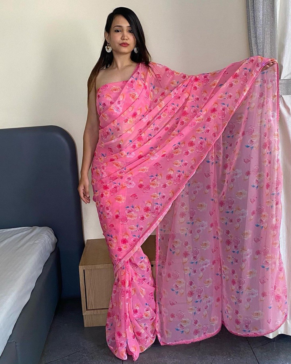 Ready To Wear Pink Georgette Saree with Printed Work & Blouse Piece | Stitched Saree | Party Wear Saree Online Shopping