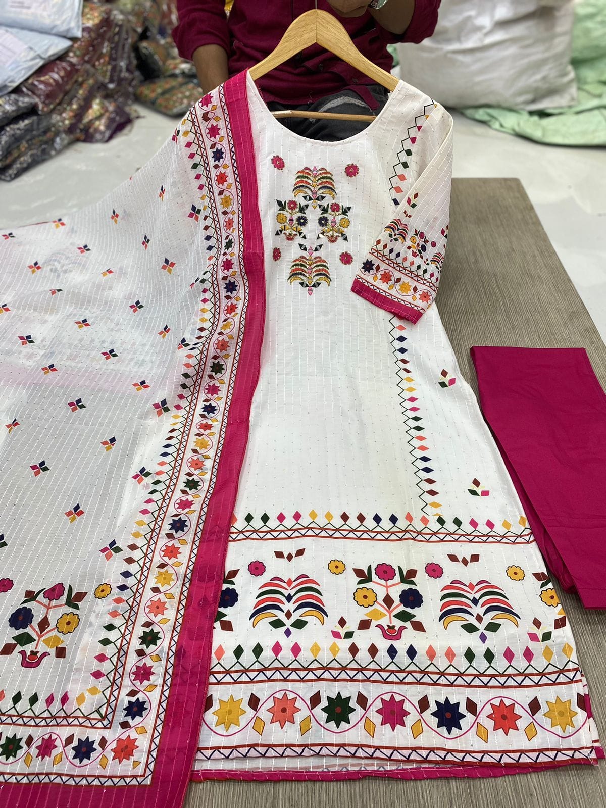 New Digital Print Kurti Set Malaysia | Maslin Kurta Pant Dupatta with Handwork & Sequence Work | Plus Size Available