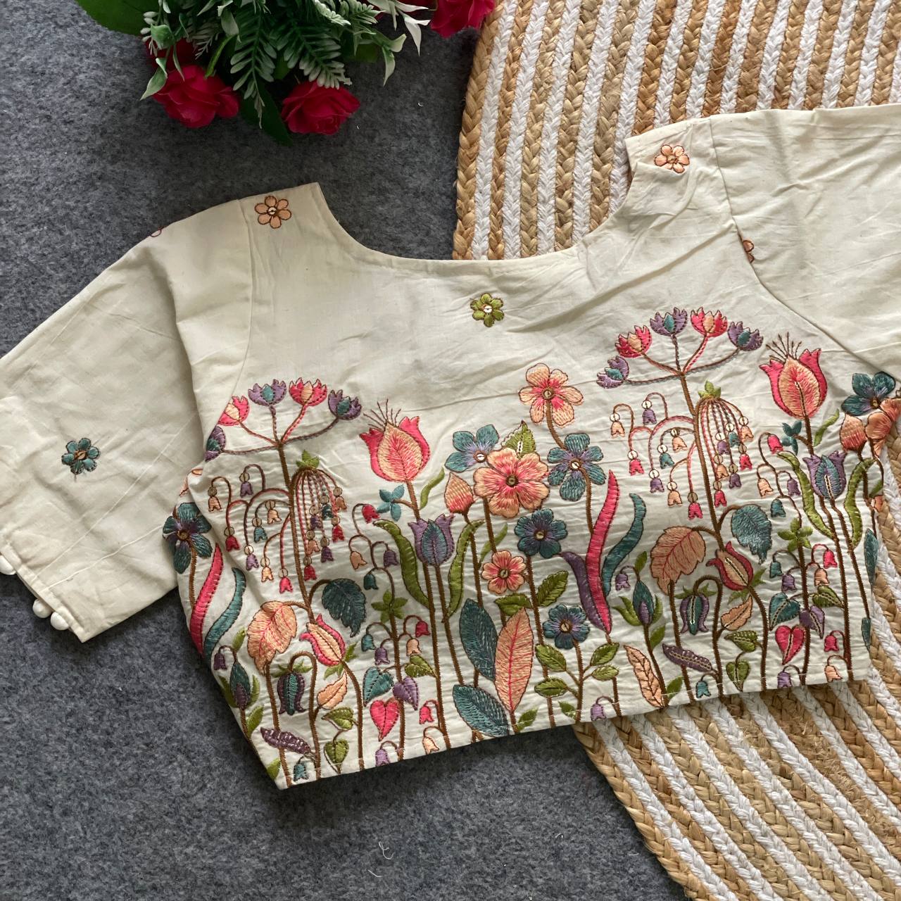 Pure Khadi Cotton Blouse Malaysia | Partywear Heavy Padded Embroidered Blouse | Designer Khadi Cotton Readymade Blouse Online