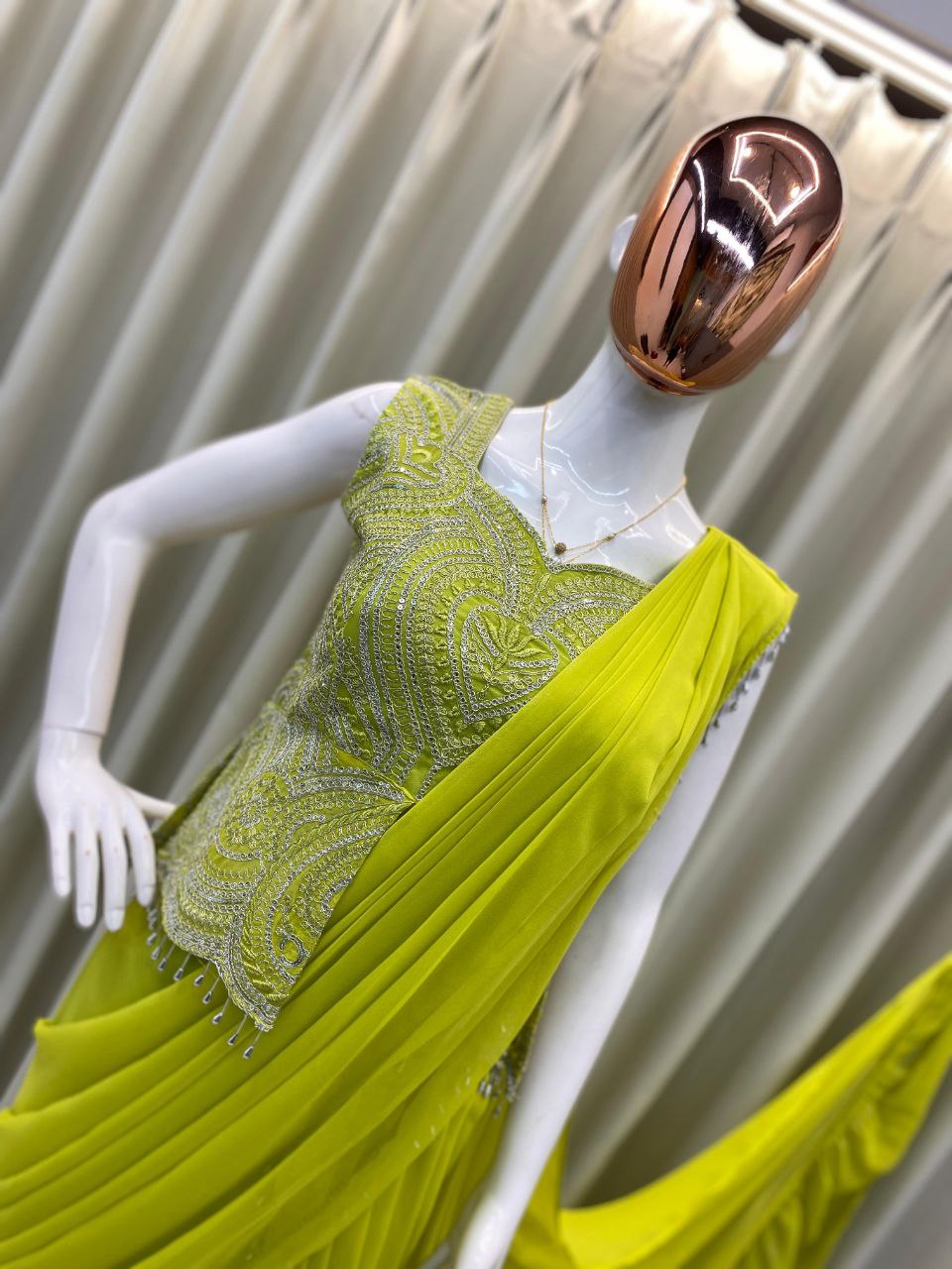 New Designer Ready to Wear Lehenga Saree Malaysia | Georgette Sleeveless Blouse with Back Dori & Sequins Embroidery Work | Party Wear & Wedding Collection