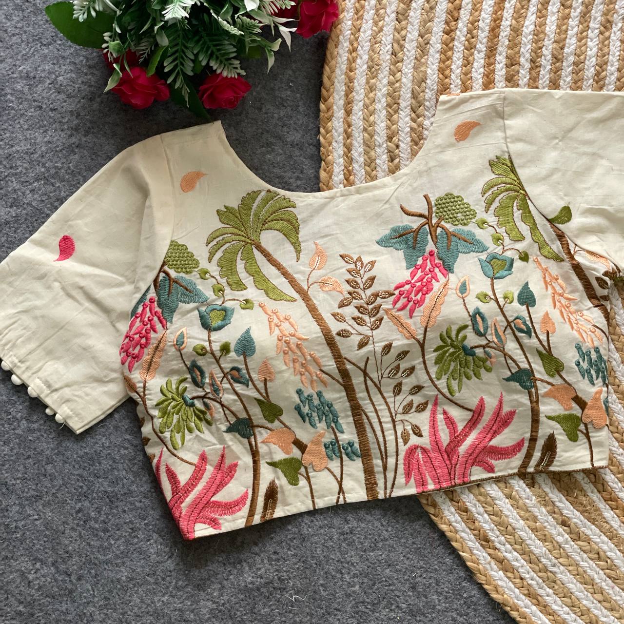 Pure Khadi Cotton Blouse Malaysia | Partywear Heavy Padded Embroidered Blouse | Designer Khadi Cotton Readymade Blouse Online