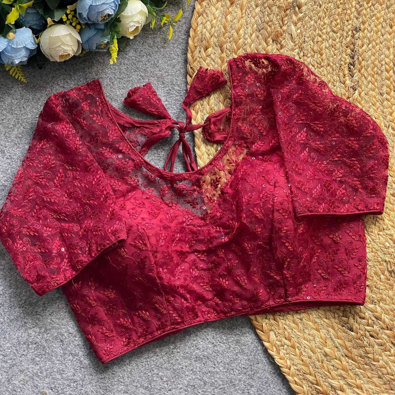Soft Pure Nylon Readymade Blouse with Chiffli Embroidery & Sequin Work | Partywear Saree Blouse  | Ready to Wear Blouse Online