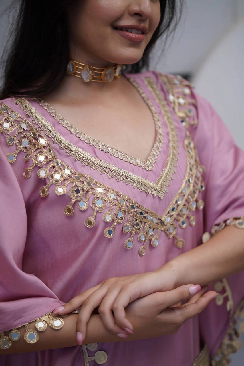 Luxury Kaftan & Pant Set Malaysia | Premium Devsena Satin Kaftan with Embroidered Lace & Real Mirror Work | Modest Fashion | Eid & Party Wear Dress