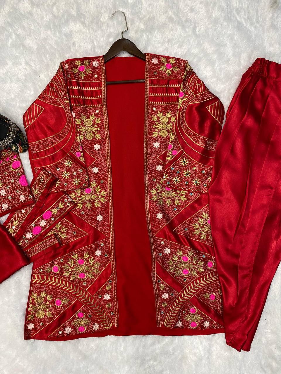 Designer Satin Silk Koti Set with Fancy Sleeve, Real Mirror Work, Choli & Patiala | Embroidery Ethnic Wear