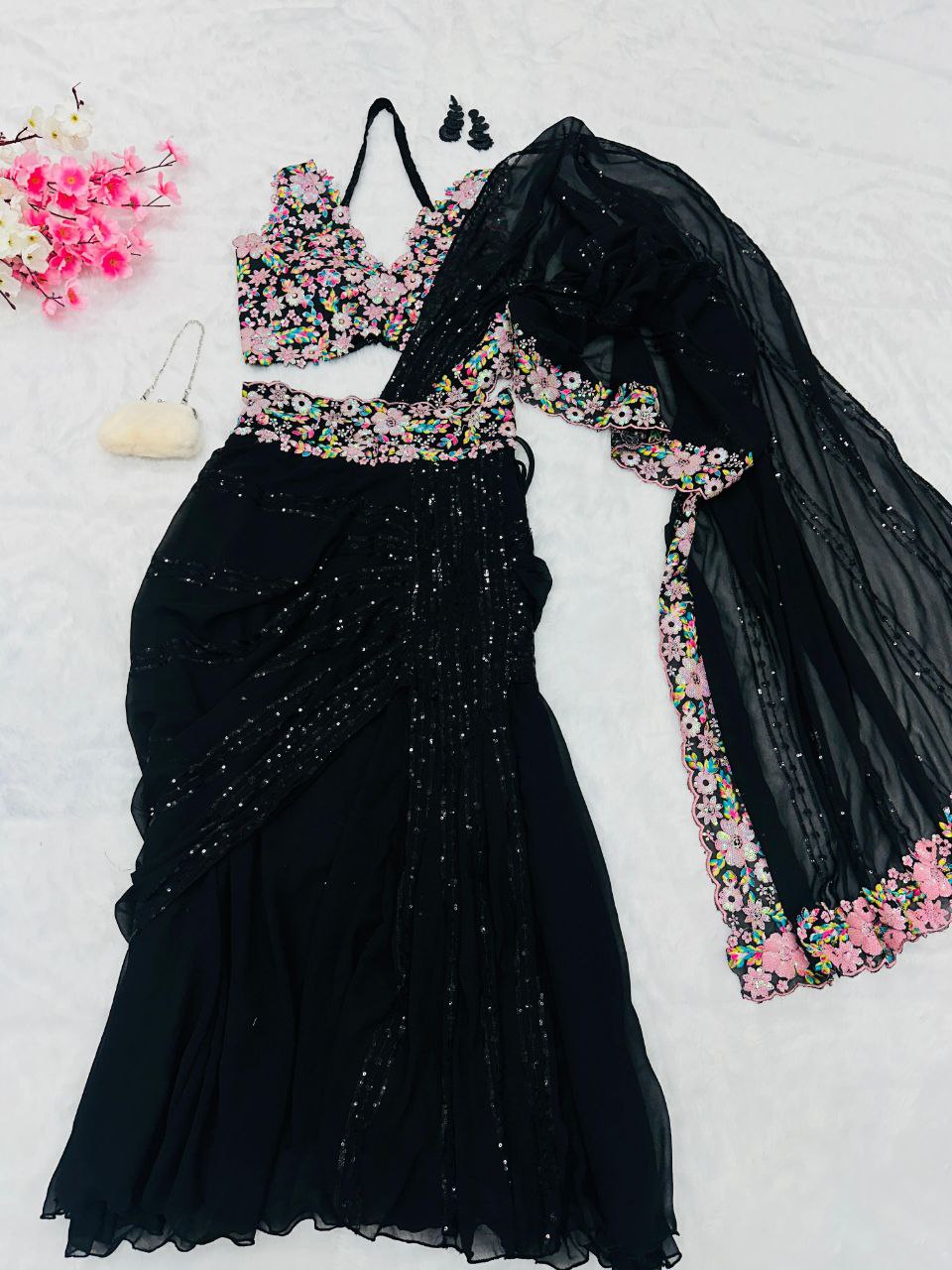 Lehenga Style Saree for Women | Ready to Wear Georgette Saree with Sequins & Handwork Blouse | Ri8 Fashion Malaysia