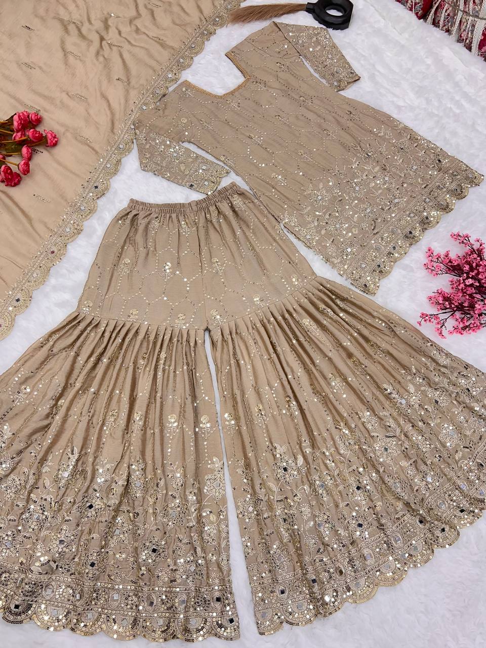 ✨ New Designer Sharara Set Malaysia | Faux Georgette Top Bottom Dupatta | Heavy Embroidery Sequence & Real Mirror Work | Ready to Wear Partywear Outfit ✨