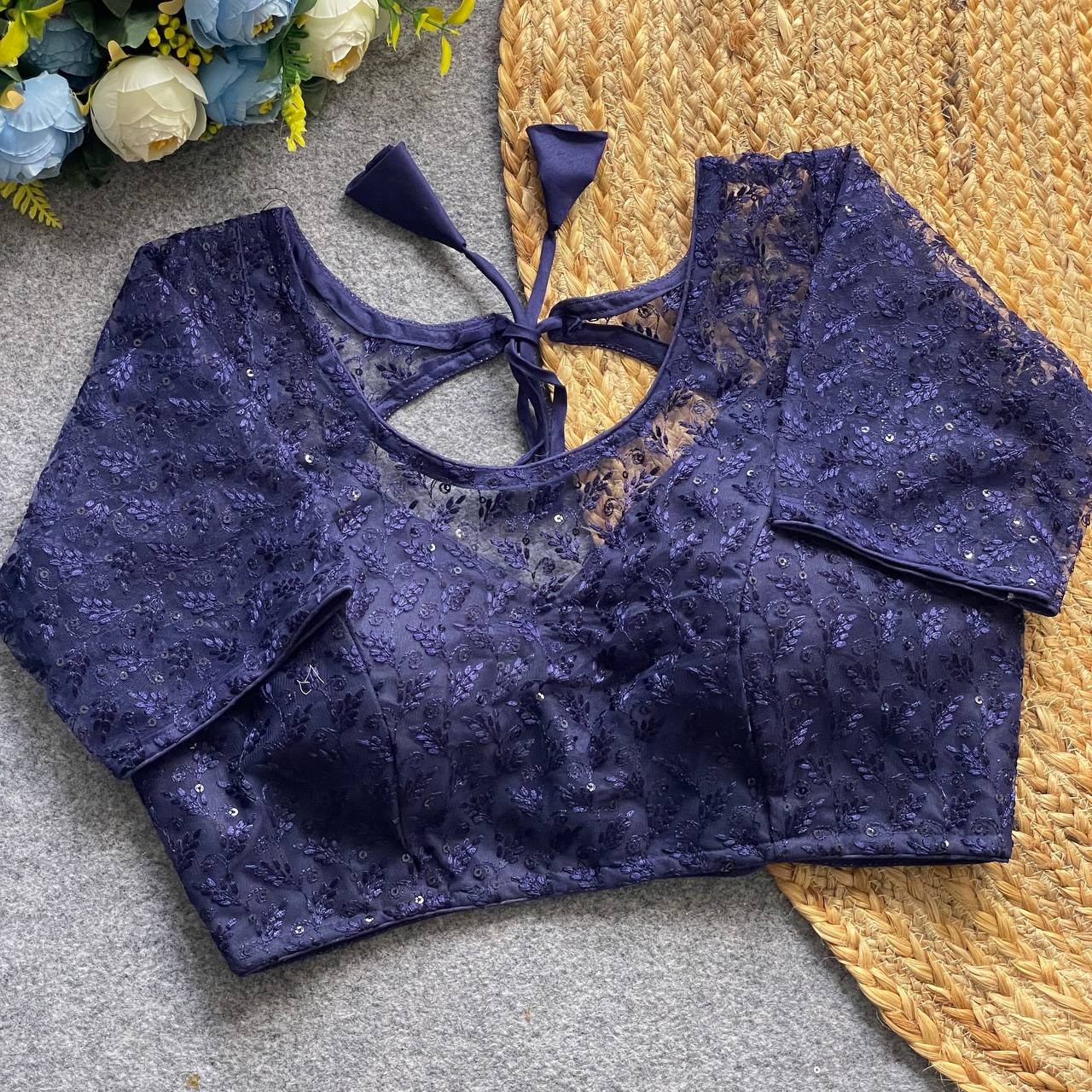 Soft Pure Nylon Readymade Blouse with Chiffli Embroidery & Sequin Work | Partywear Saree Blouse  | Ready to Wear Blouse Online