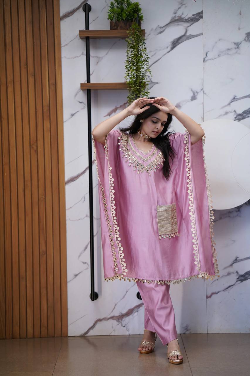 Luxury Kaftan & Pant Set Malaysia | Premium Devsena Satin Kaftan with Embroidered Lace & Real Mirror Work | Modest Fashion | Eid & Party Wear Dress