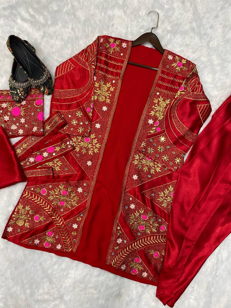 Designer Satin Silk Koti Set with Fancy Sleeve, Real Mirror Work, Choli & Patiala | Embroidery Ethnic Wear