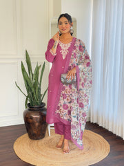 LIGHT PINK COLOURED  WOMEN'S  CHANDERI SILK  EMBROIDERED STRAIGHT   KURTA  WITH PANT DUPATTA  SET