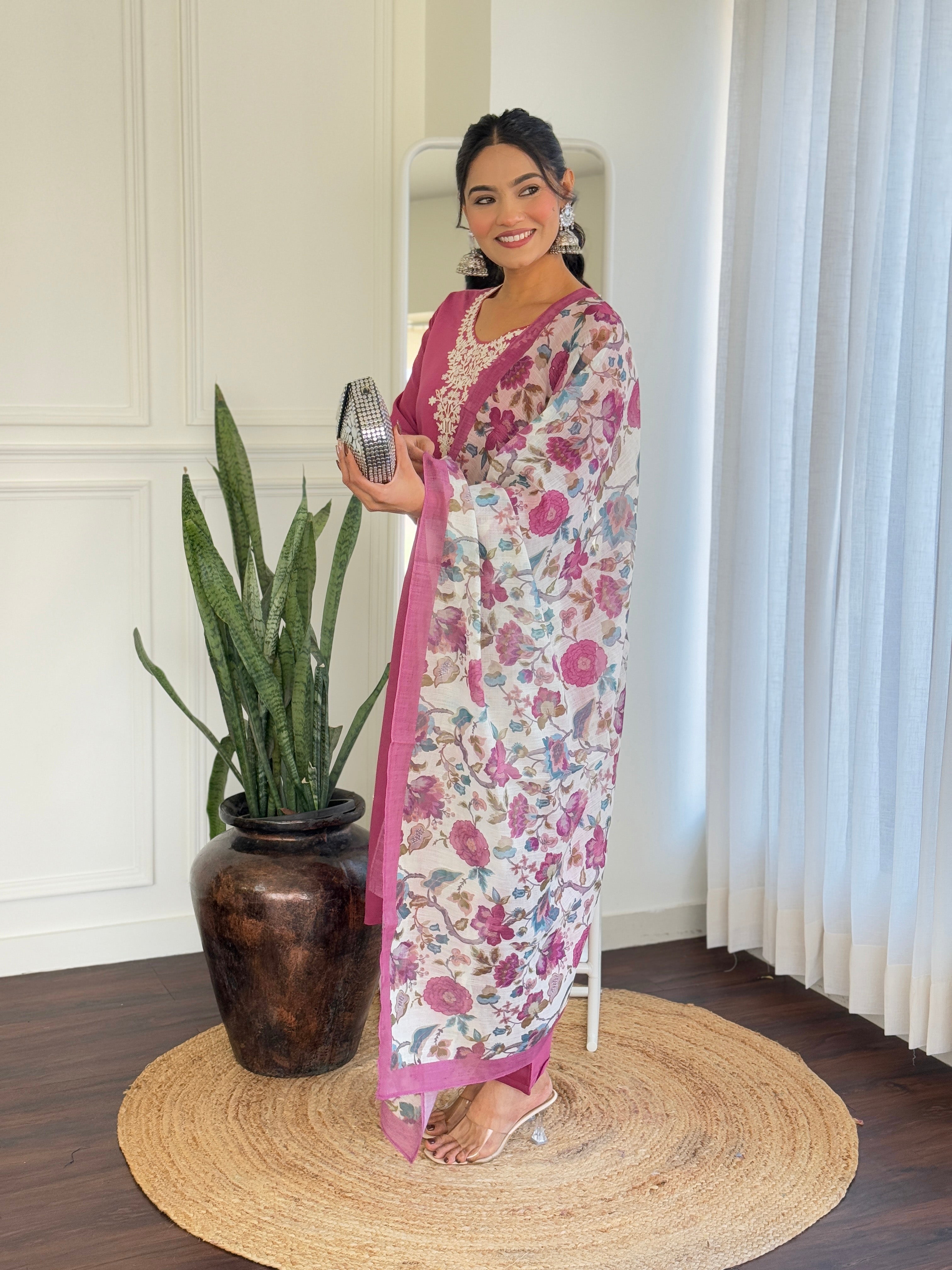 LIGHT PINK COLOURED  WOMEN'S  CHANDERI SILK  EMBROIDERED STRAIGHT   KURTA  WITH PANT DUPATTA  SET
