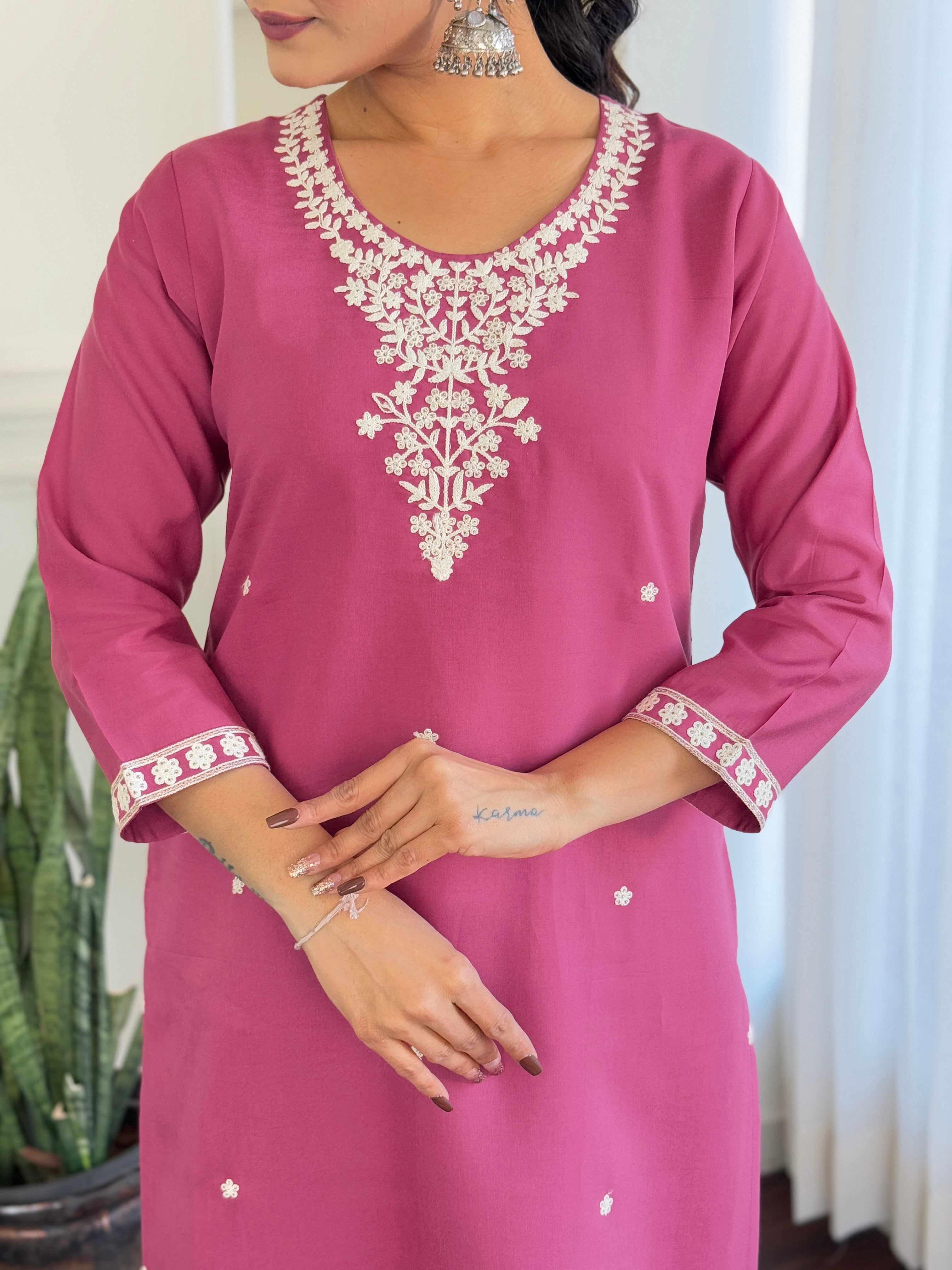LIGHT PINK COLOURED  WOMEN'S  CHANDERI SILK  EMBROIDERED STRAIGHT   KURTA  WITH PANT DUPATTA  SET