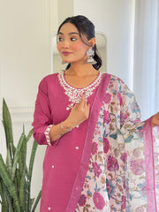 LIGHT PINK COLOURED  WOMEN'S  CHANDERI SILK  EMBROIDERED STRAIGHT   KURTA  WITH PANT DUPATTA  SET