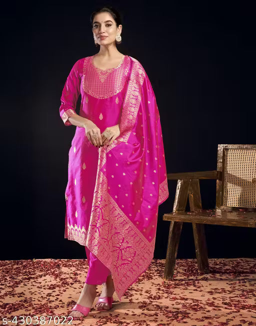 SKYLEE Women’s Silk Blend Kurta Set – Gold & Pink Dyed Straight Kurta with Pants & Dupatta | Elegant Ethnic Wear for Wedding, Festive & Party | Ready to Wear Indian Kurti Set Malaysia