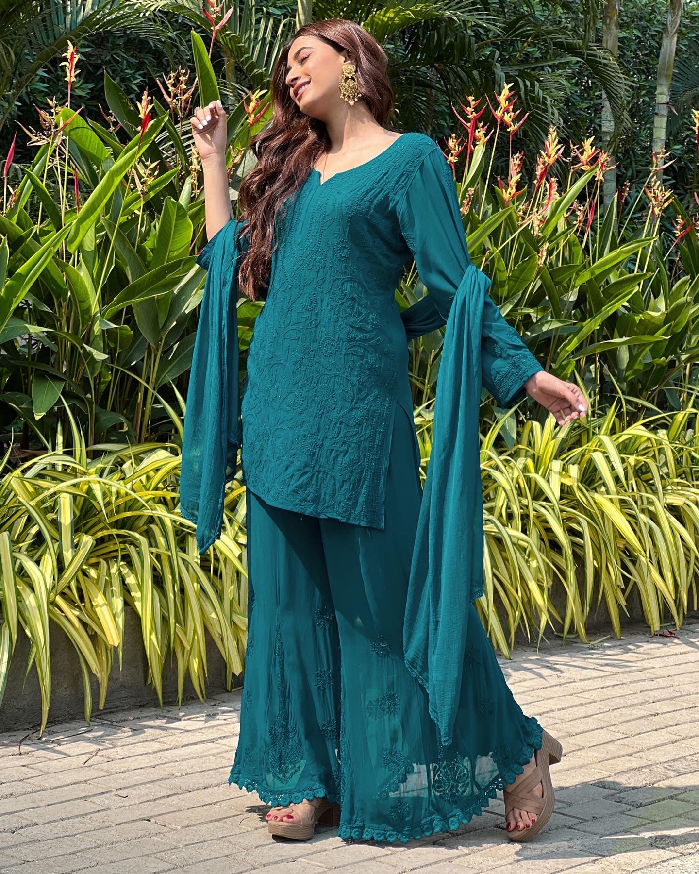 Green Floral Lucknowi Embroidered Georgette Sharara Suit