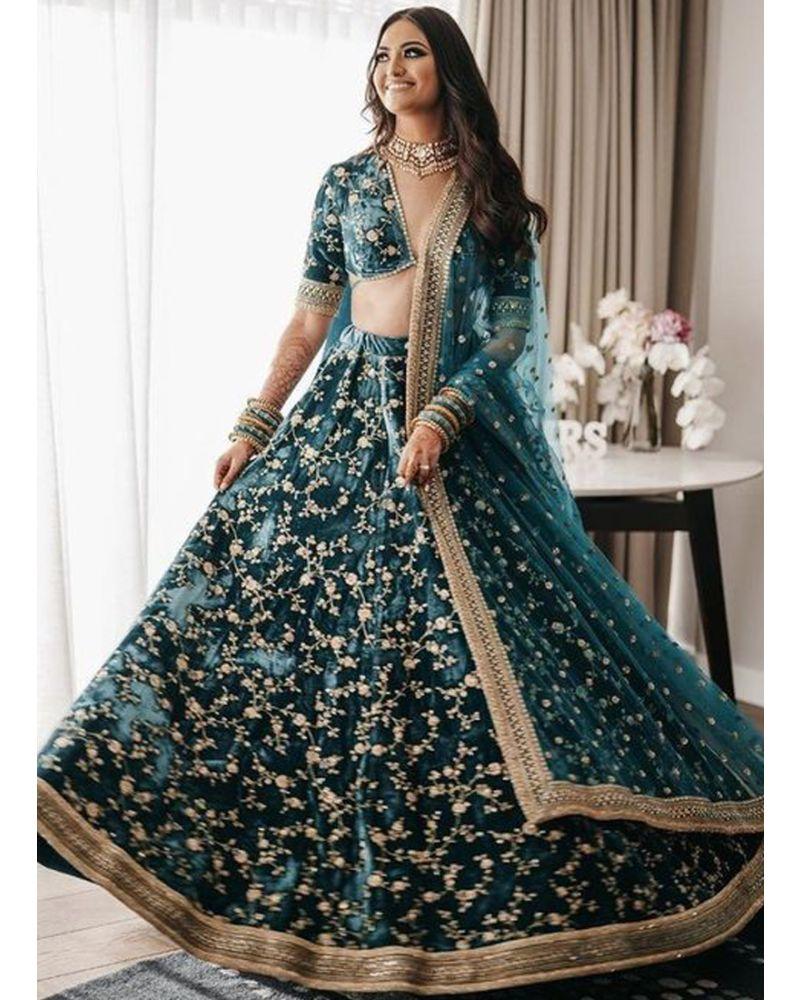 Bottle green colored designer velvet lehenga choli