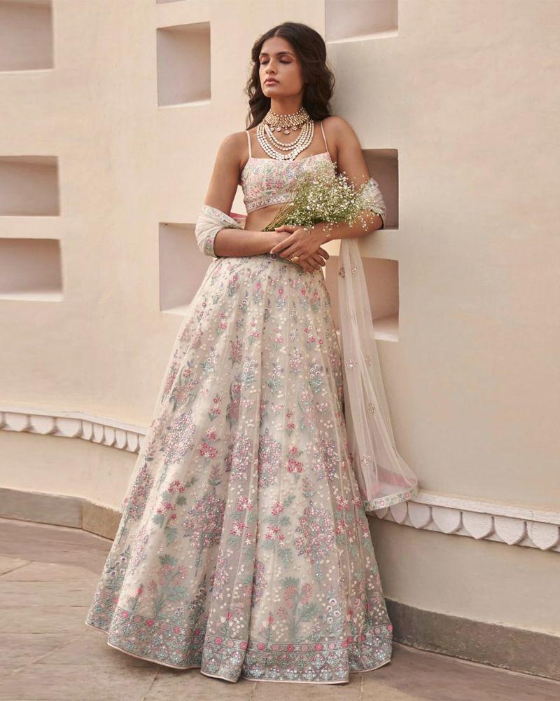 Cream color georgette embroidery lehenga choli