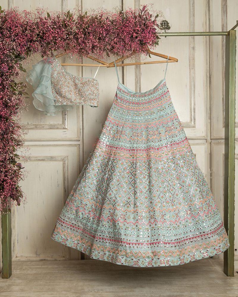 Sea green Organza silk wedding lehenga choli