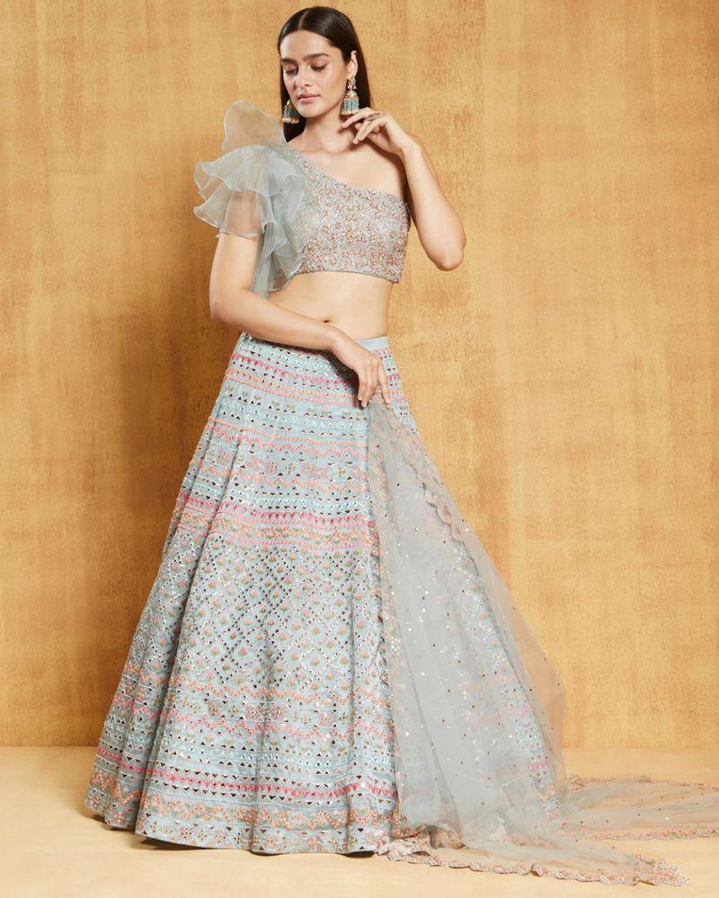Sea green Organza silk wedding lehenga choli