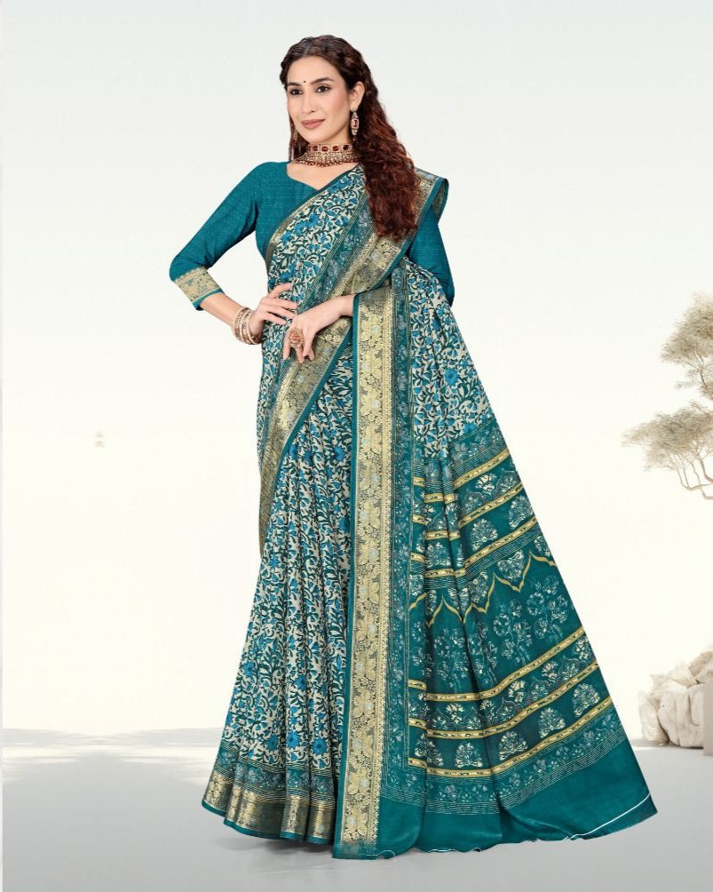 Botanical Print Jacquard border Cotton saree with blouse for women