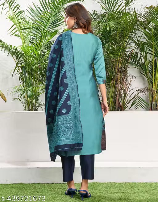 SKYLEE Women Silk Blend Self-Design Kurta Set with Pant & Dupatta | Elegant Ethnic Wear for Wedding, Party & Festive | Calf Length Salwar Suit