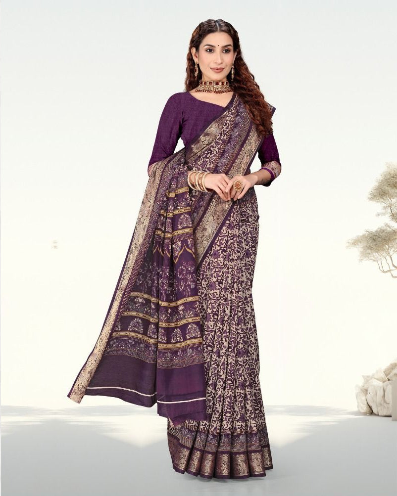 Botanical Print Jacquard border Cotton saree with blouse for women